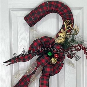 Buffalo Plaid Reindeer Candy Cane Door Hanger